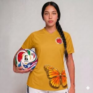 Camisa amarilla_mujer_mariposa en cadera_naranja2 Camiseta de Colombia Mariposa - mujer