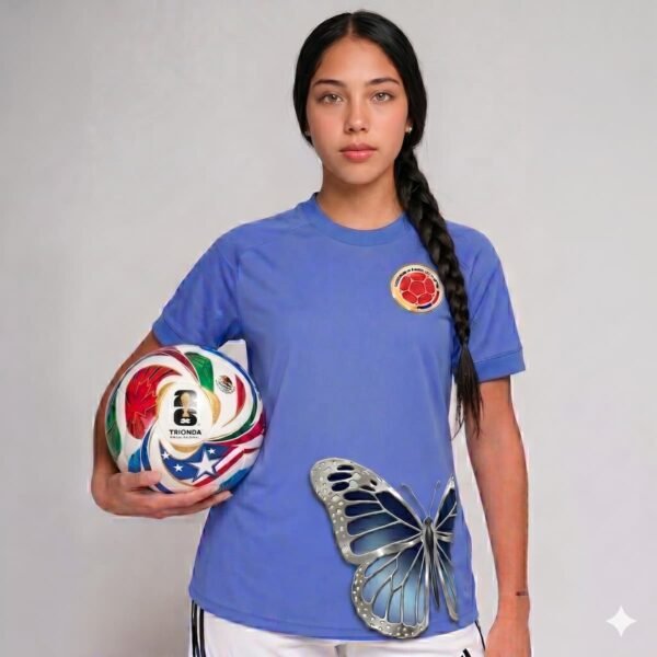Camisa_azul_claro_mujer_mariposa en cadera Camiseta de Colombia Mariposa - mujer