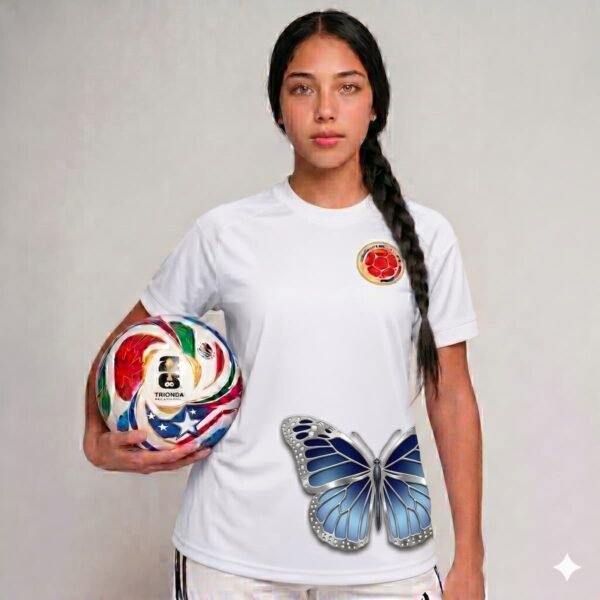 Camisa_blanca_mujer_mariposa en cadera_azul Camiseta de Colombia Mariposa - mujer